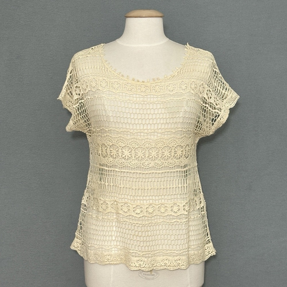 Vintage Y2K Womens Top M Ivory Crochet Lace Open Layer Cottagecore Boho Hippie